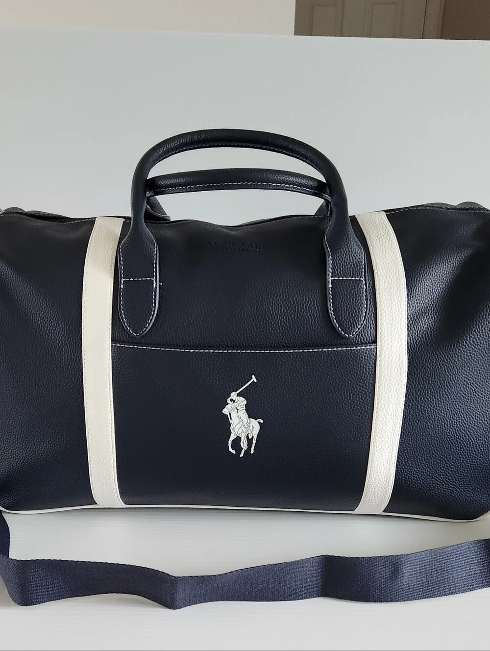 Ralph Lauren Fragrances POLO Duffle Bag Navy Blue White Faux Leather Travel NWT